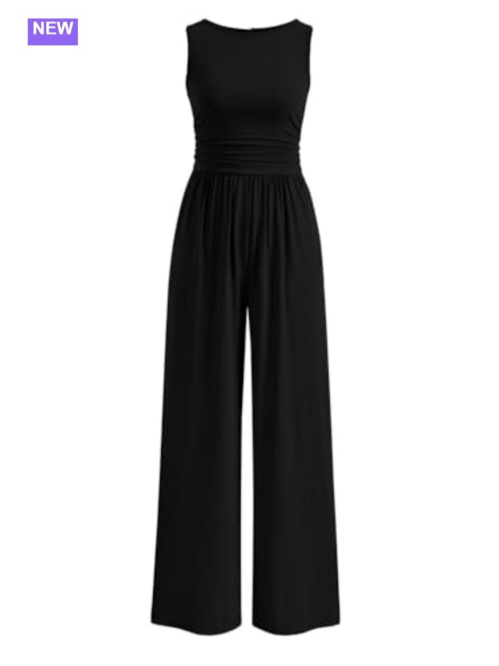 Sleeveless Wide Leg Jumpsuit Ruched Waist Pockets Casual Vacation